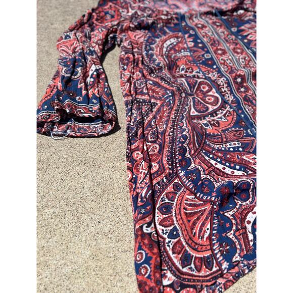 Angie Dress Women Size Small Navy Maroon Paisley Print Flare Sleeve Mini Tassels - Picture 2 of 6